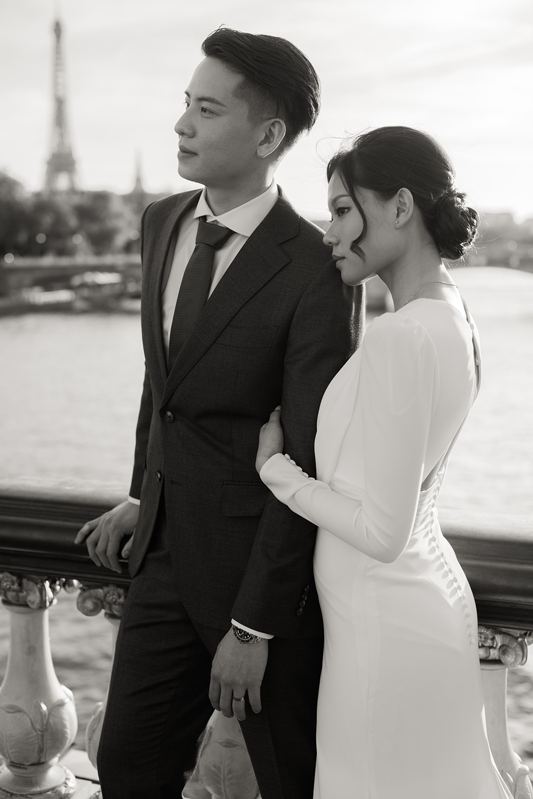 Black and white photo of a bride